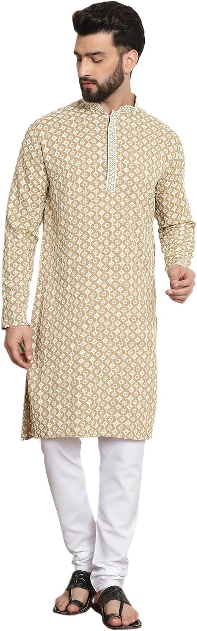 Men'S Cotton Gold Embroidered Sequinned Kurta with White Churidar Pyjama