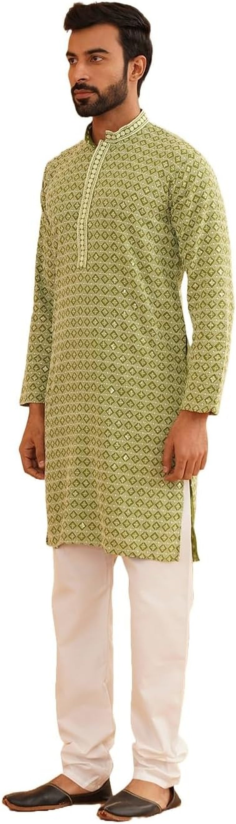 Men'S Cotton Gold Embroidered Sequinned Kurta with White Churidar Pyjama