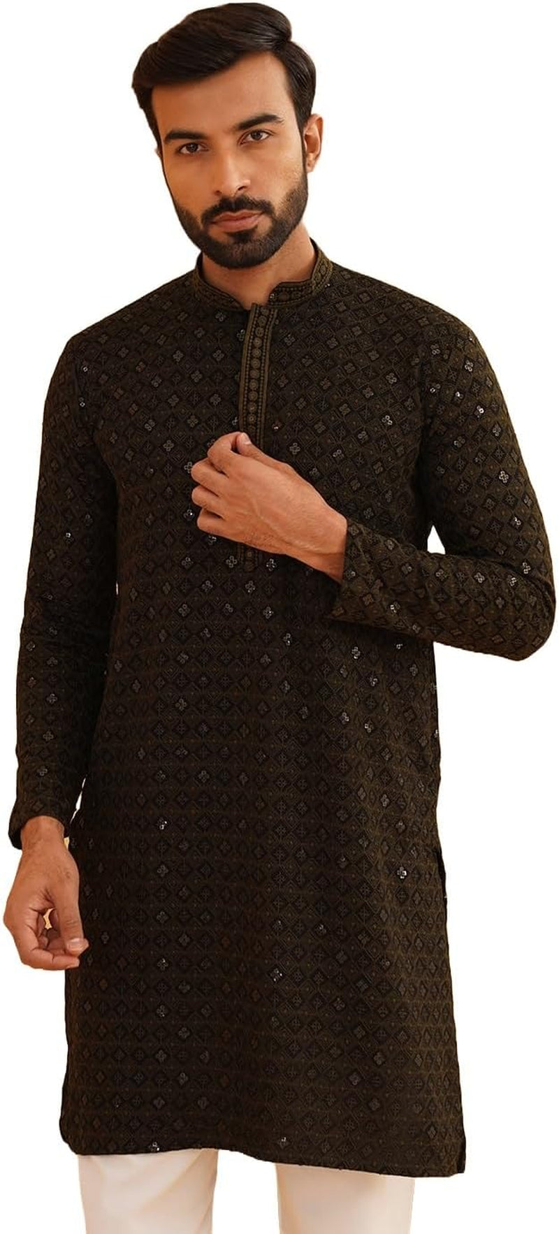 Men'S Cotton Contrast Embroidered Sequinned Long Kurta