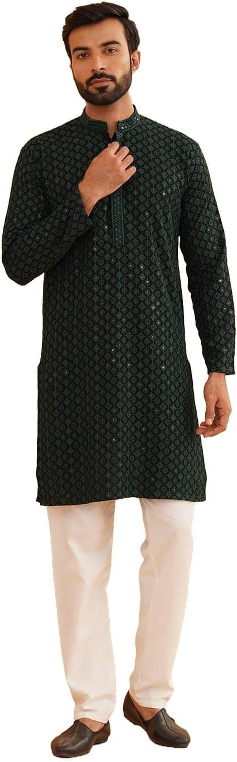 Men'S Cotton Gold Embroidered Sequinned Kurta with White Churidar Pyjama
