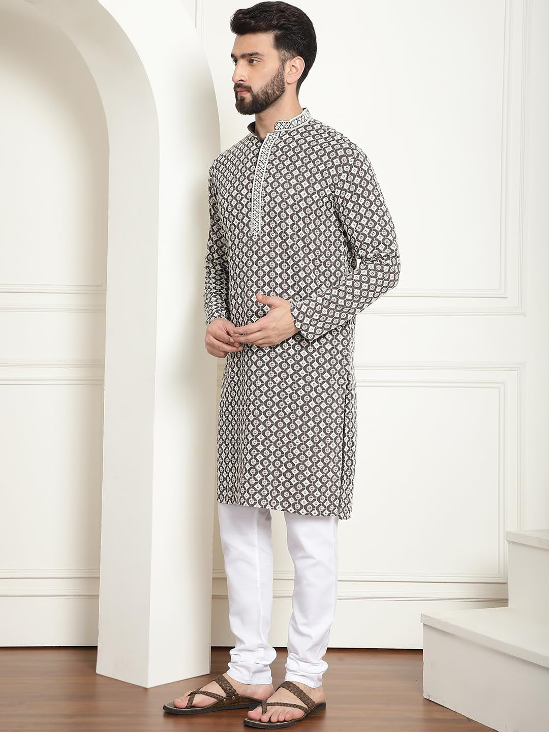 Men'S Cotton Gold Embroidered Sequinned Kurta with White Churidar Pyjama