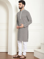 Men'S Cotton Gold Embroidered Sequinned Kurta with White Churidar Pyjama