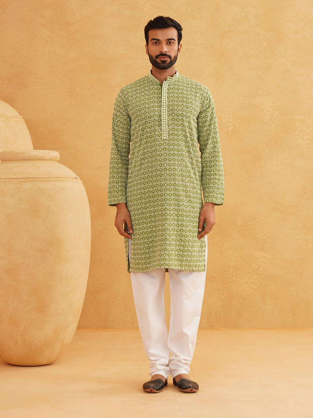 Men'S Cotton Contrast Embroidered Sequinned Long Kurta