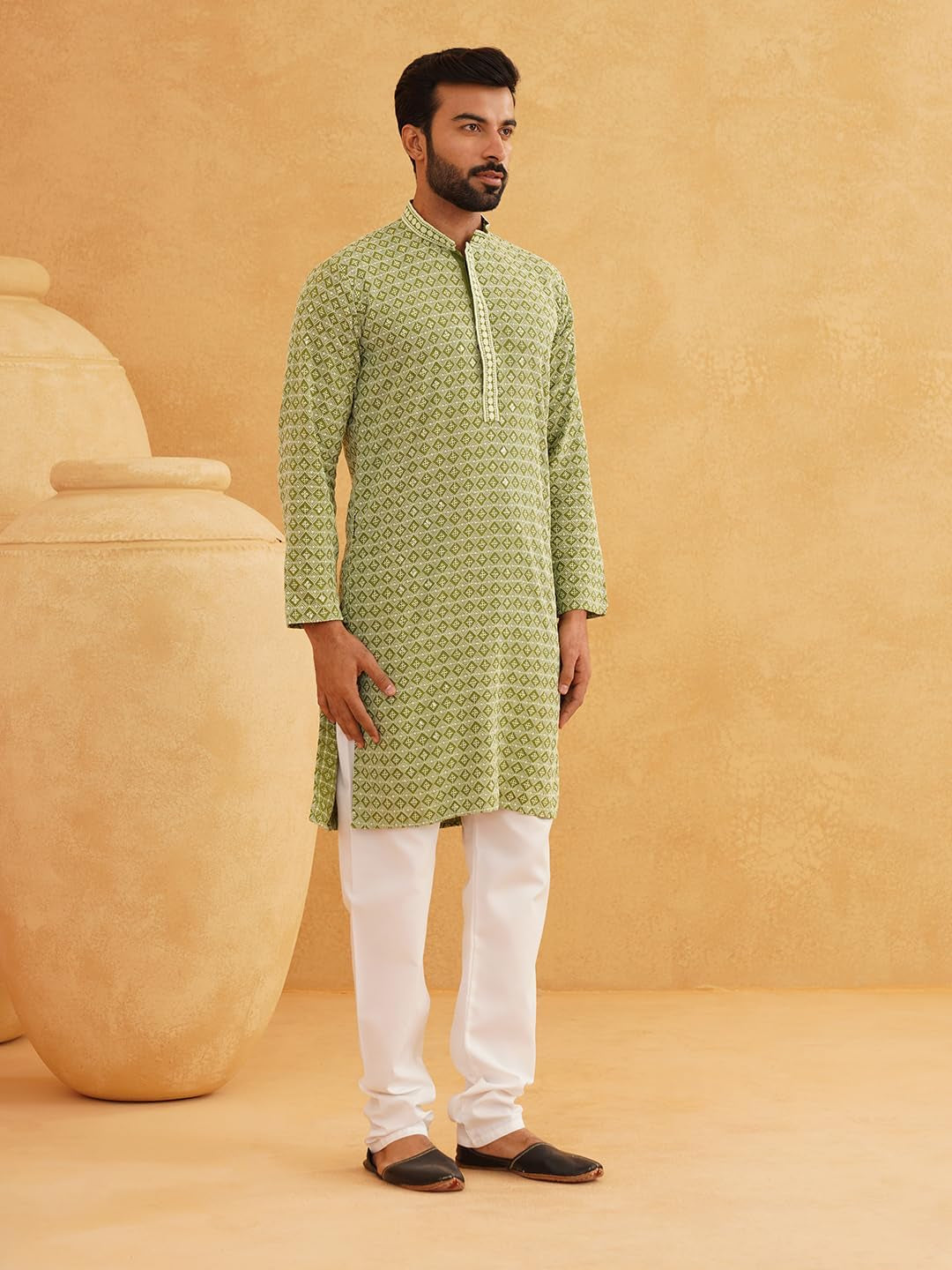 Men'S Cotton Contrast Embroidered Sequinned Long Kurta