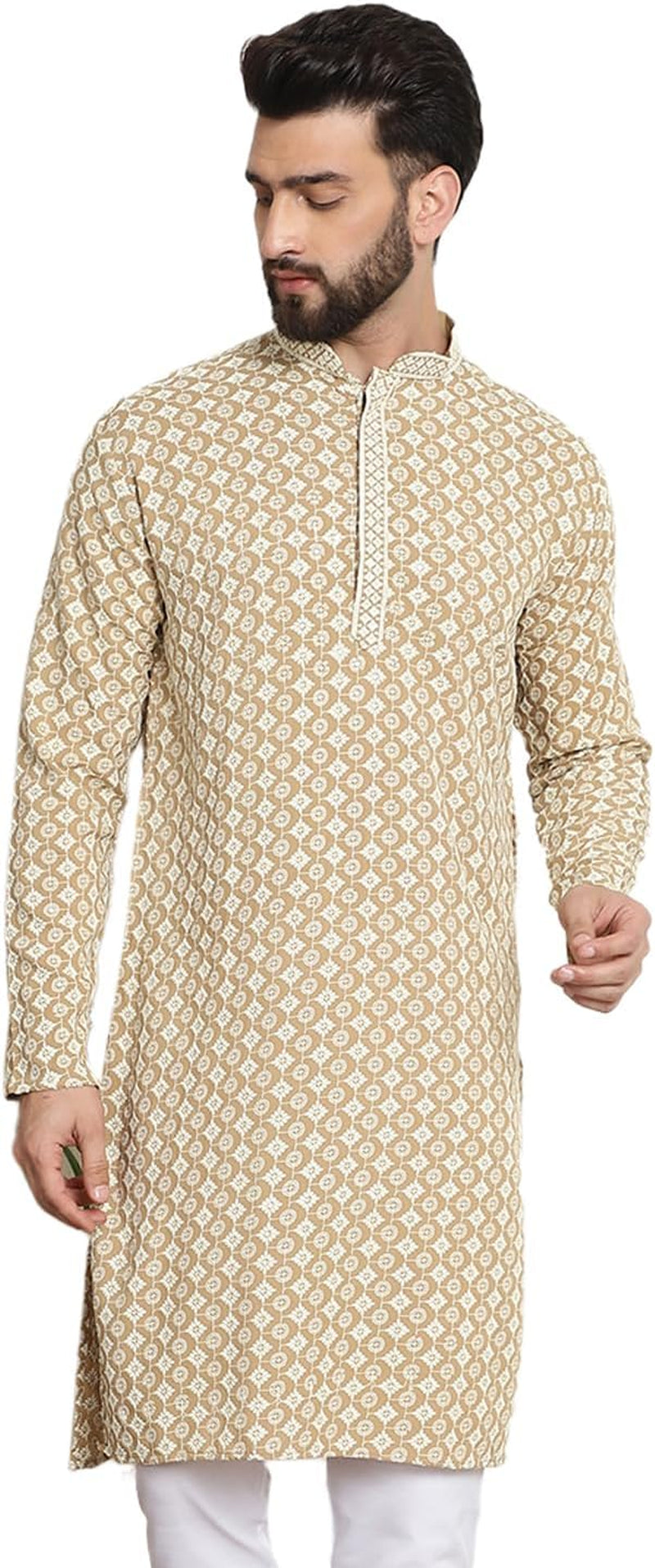 Men'S Cotton Contrast Embroidered Sequinned Long Kurta