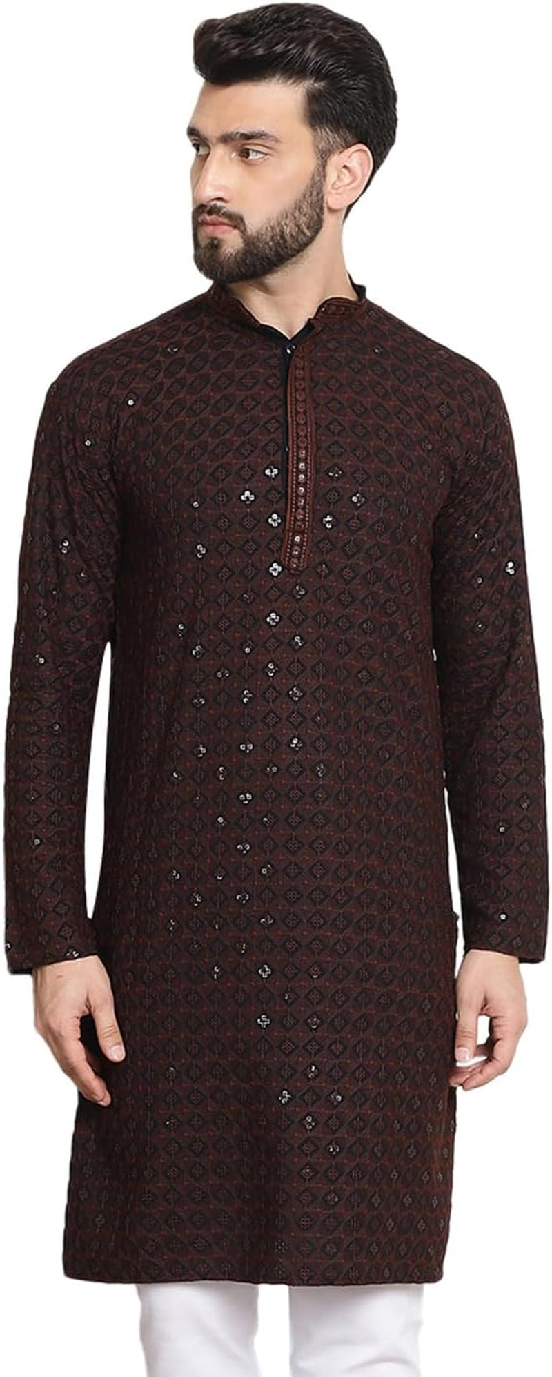 Men'S Cotton Contrast Embroidered Sequinned Long Kurta