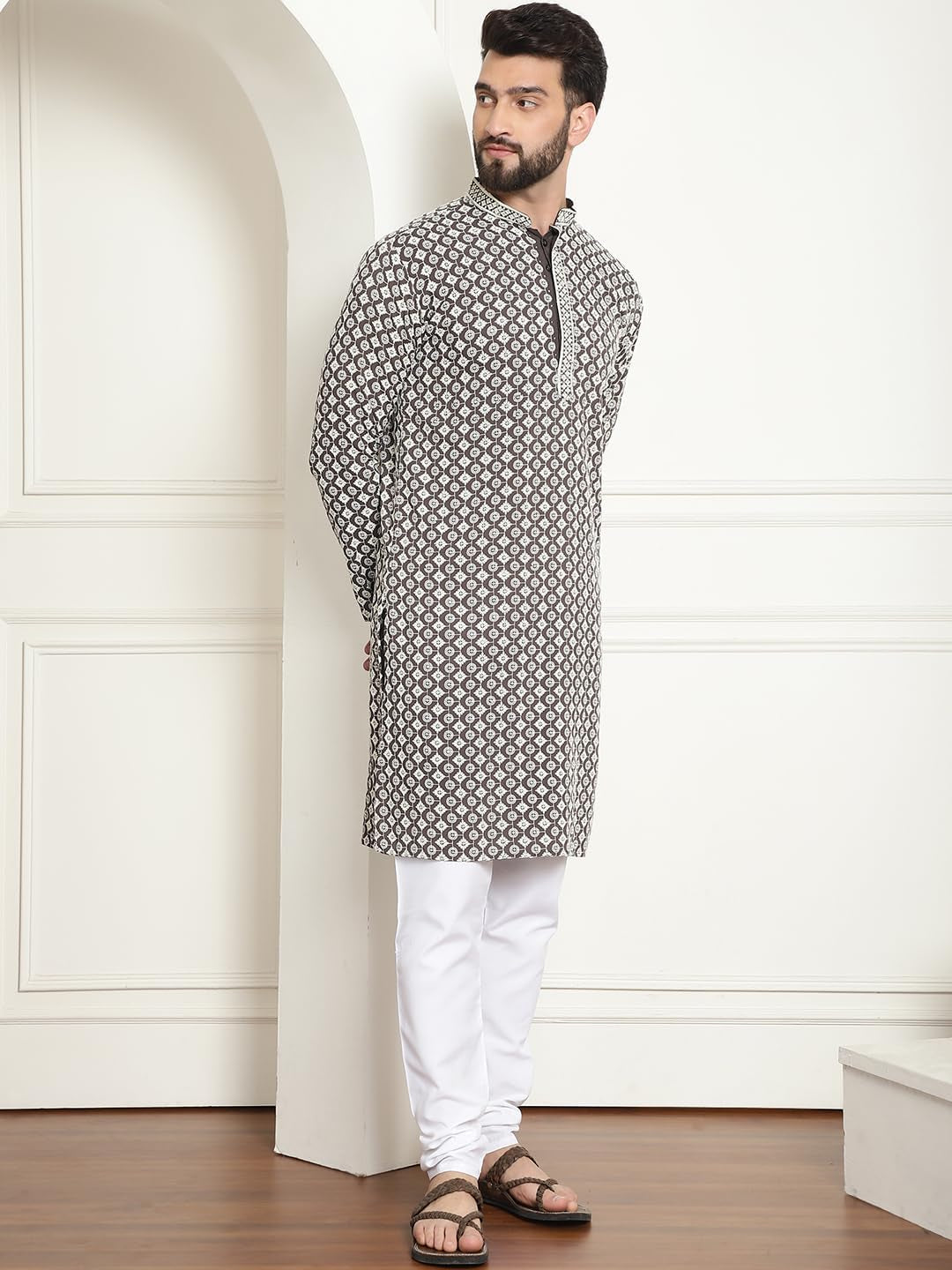 Men'S Cotton Gold Embroidered Sequinned Kurta with White Churidar Pyjama