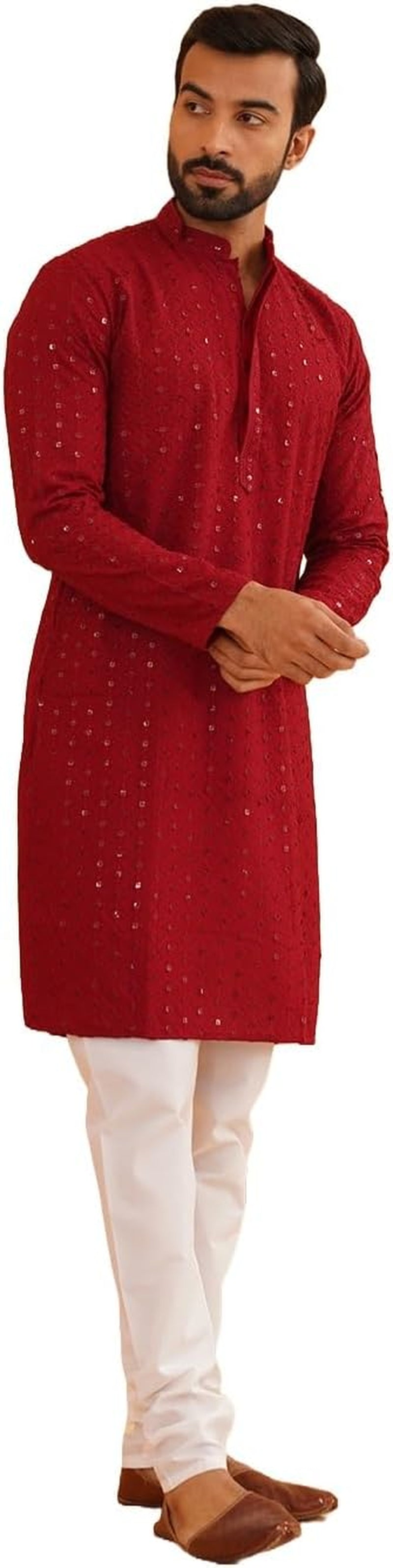 Men'S Pure Cotton Mustard Embroidered Sequined Kurta and White Pyjama Set