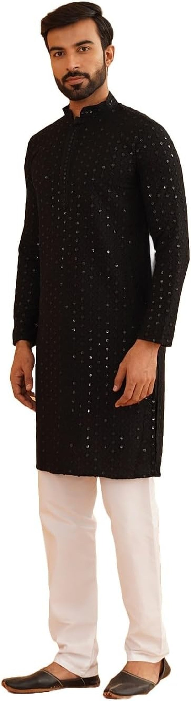 Men'S Pure Cotton Mustard Embroidered Sequined Kurta and White Pyjama Set
