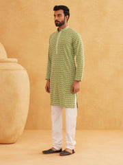 Men'S Cotton Contrast Embroidered Sequinned Long Kurta