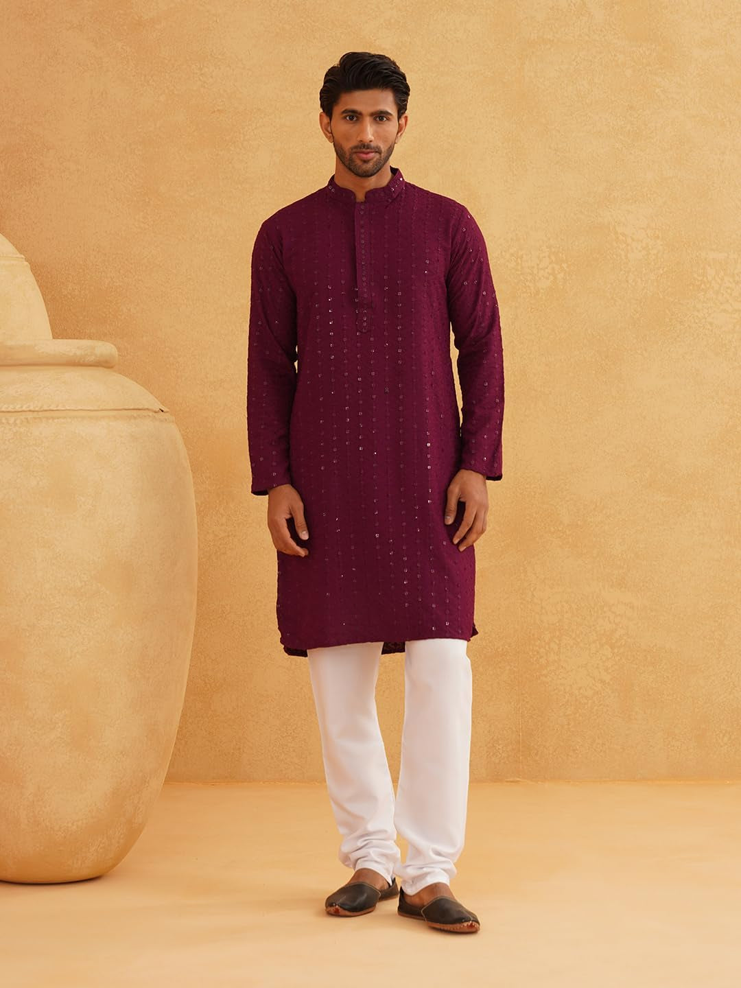 Men'S Pure Cotton Mustard Embroidered Sequined Kurta and White Pyjama Set