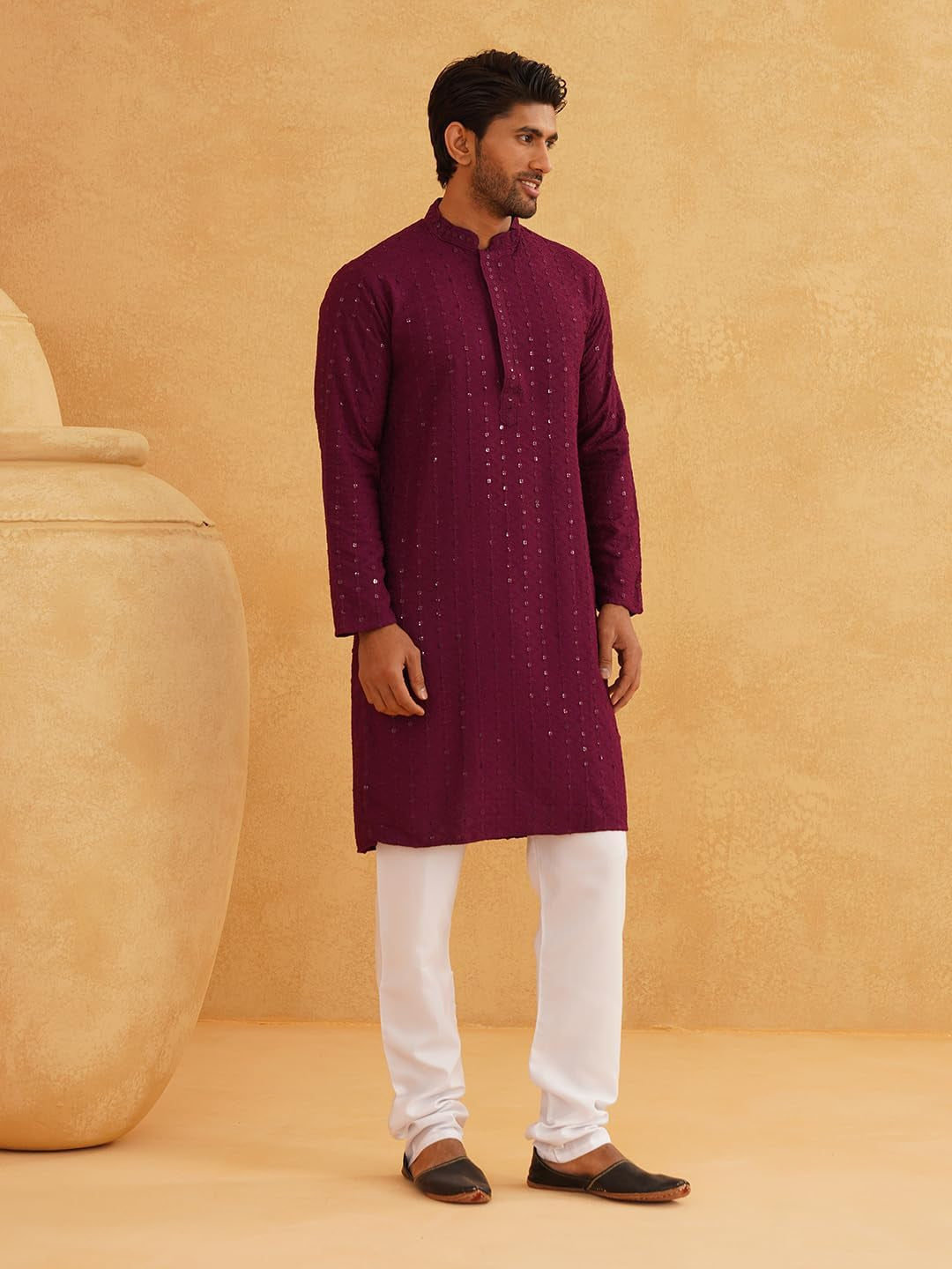 Men'S Pure Cotton Mustard Embroidered Sequined Kurta and White Pyjama Set