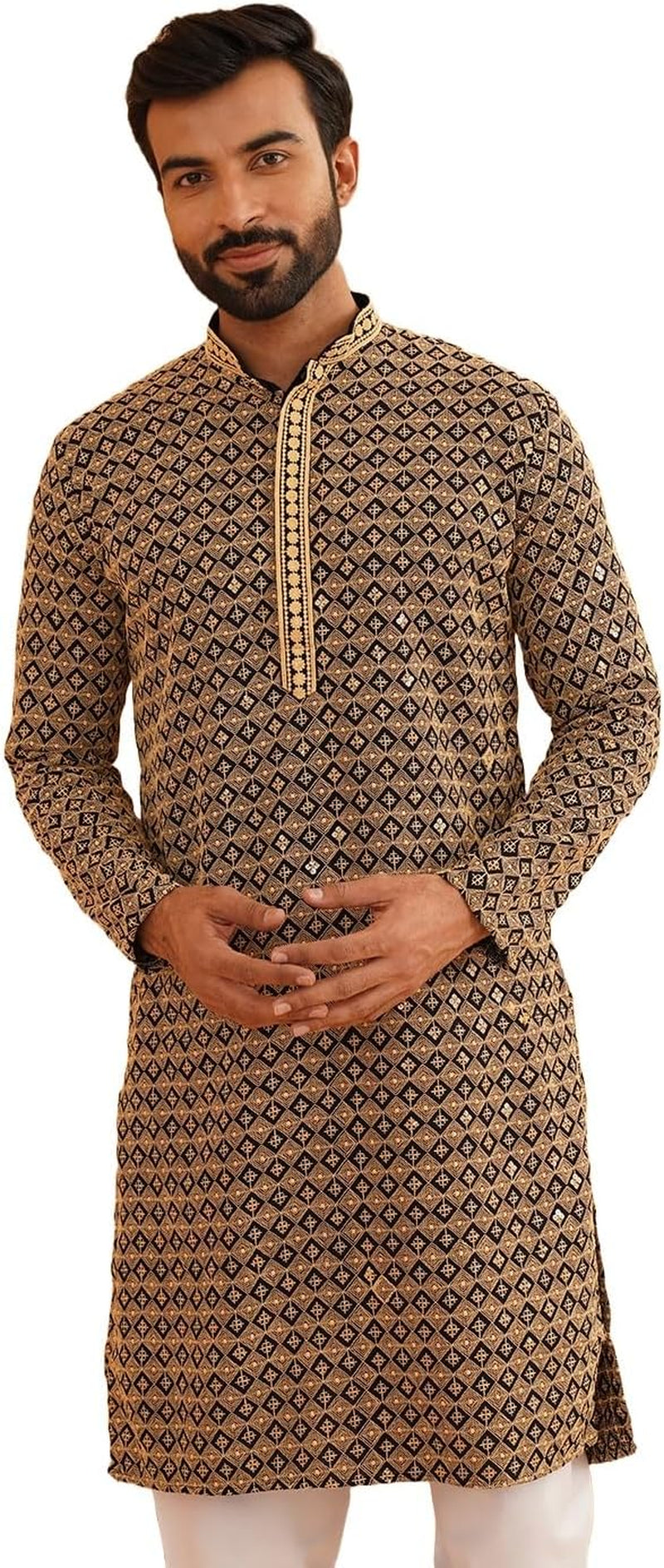 Men'S Cotton Contrast Embroidered Sequinned Long Kurta