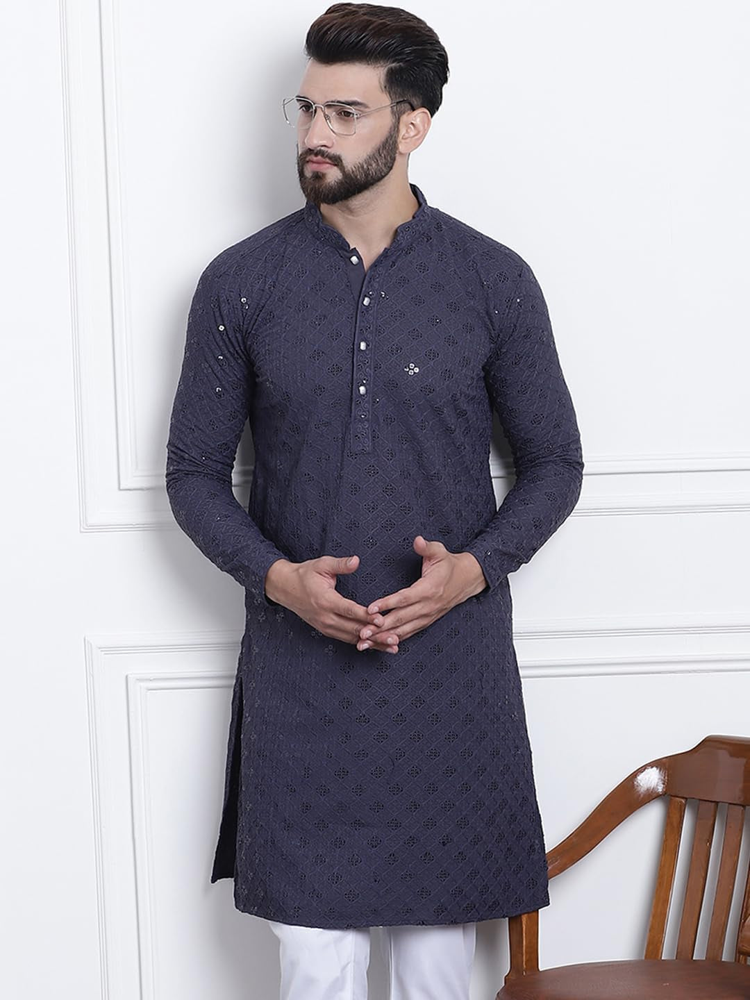 Men'S Pure Cotton Sequence Only Long Kurta