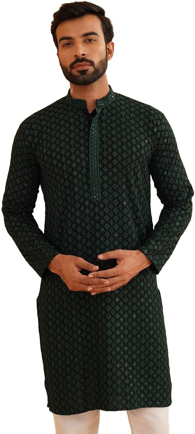 Men'S Cotton Contrast Embroidered Sequinned Long Kurta