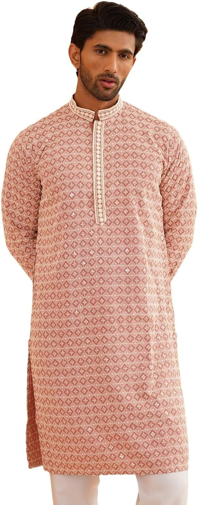 Men'S Cotton Contrast Embroidered Sequinned Long Kurta