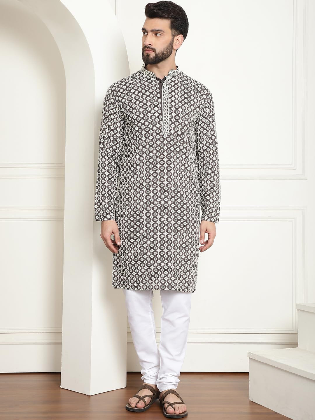 Men'S Cotton Gold Embroidered Sequinned Kurta with White Churidar Pyjama