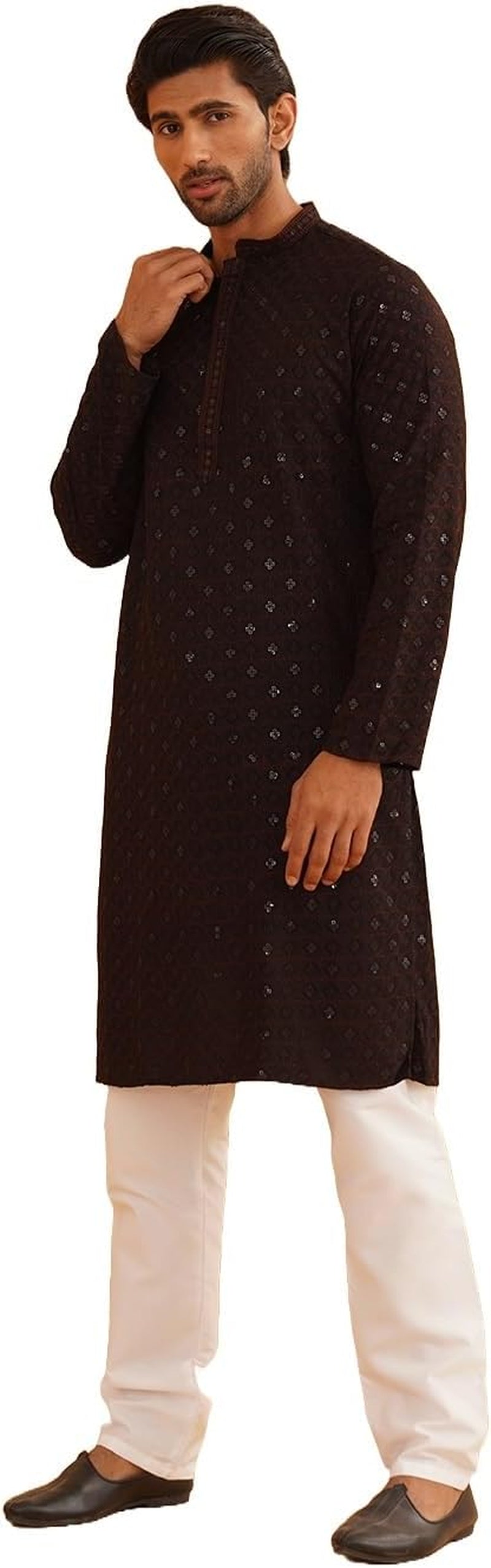 Men'S Cotton Gold Embroidered Sequinned Kurta with White Churidar Pyjama
