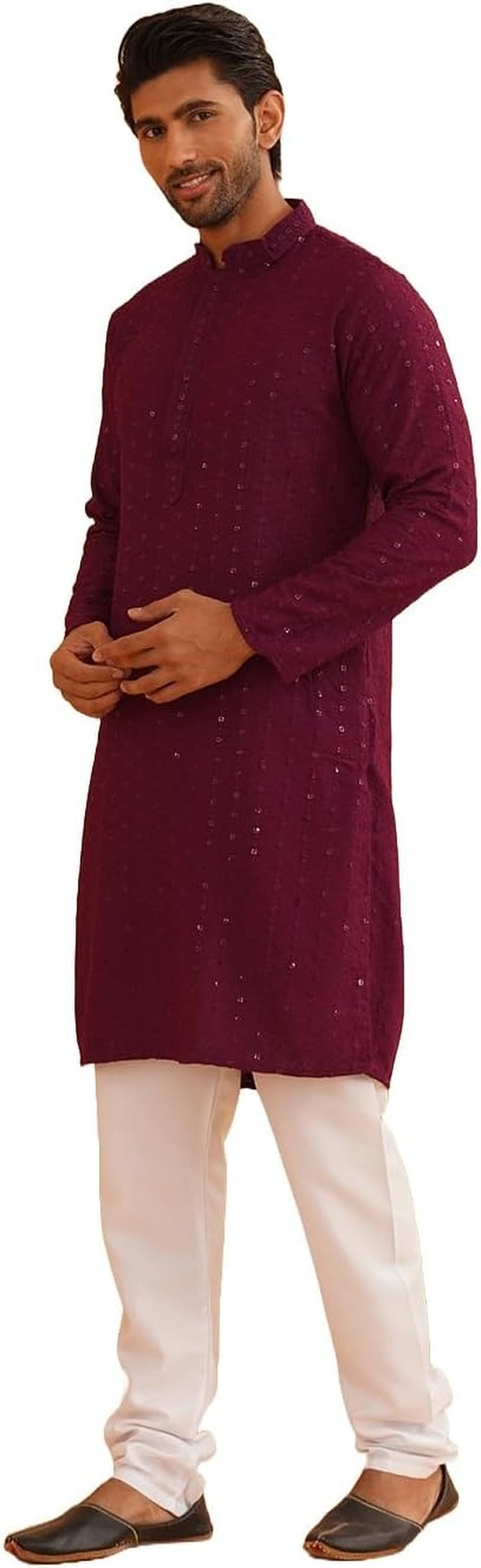 Men'S Pure Cotton Mustard Embroidered Sequined Kurta and White Pyjama Set