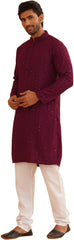 Men'S Pure Cotton Mustard Embroidered Sequined Kurta and White Pyjama Set