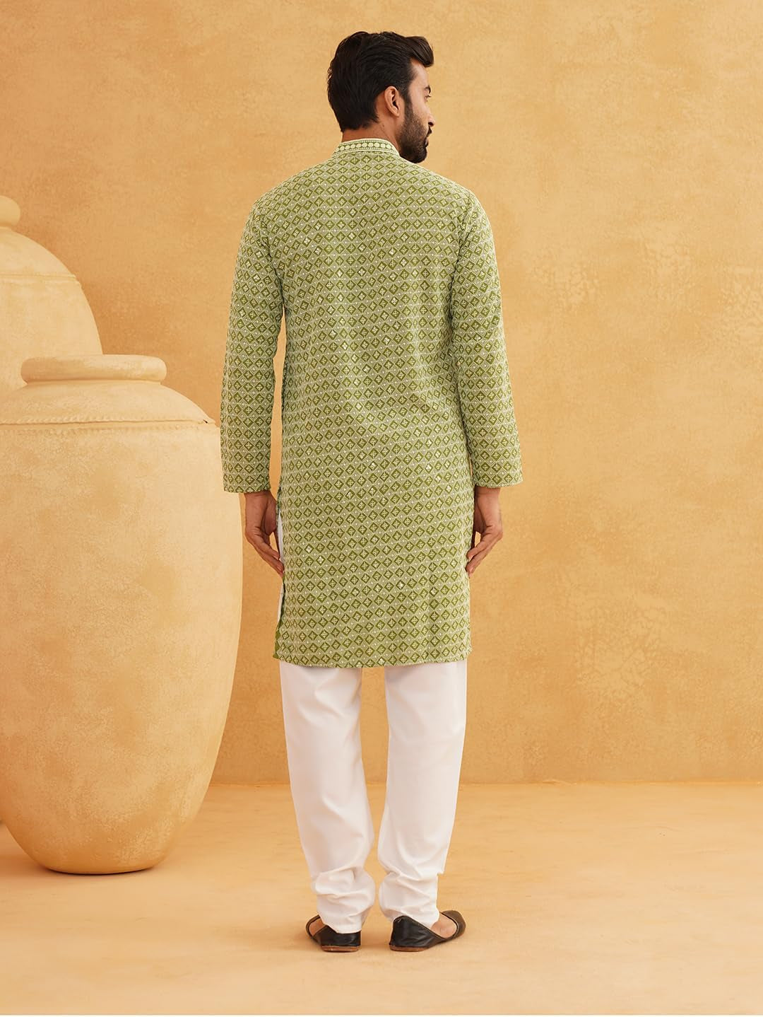Men'S Cotton Contrast Embroidered Sequinned Long Kurta