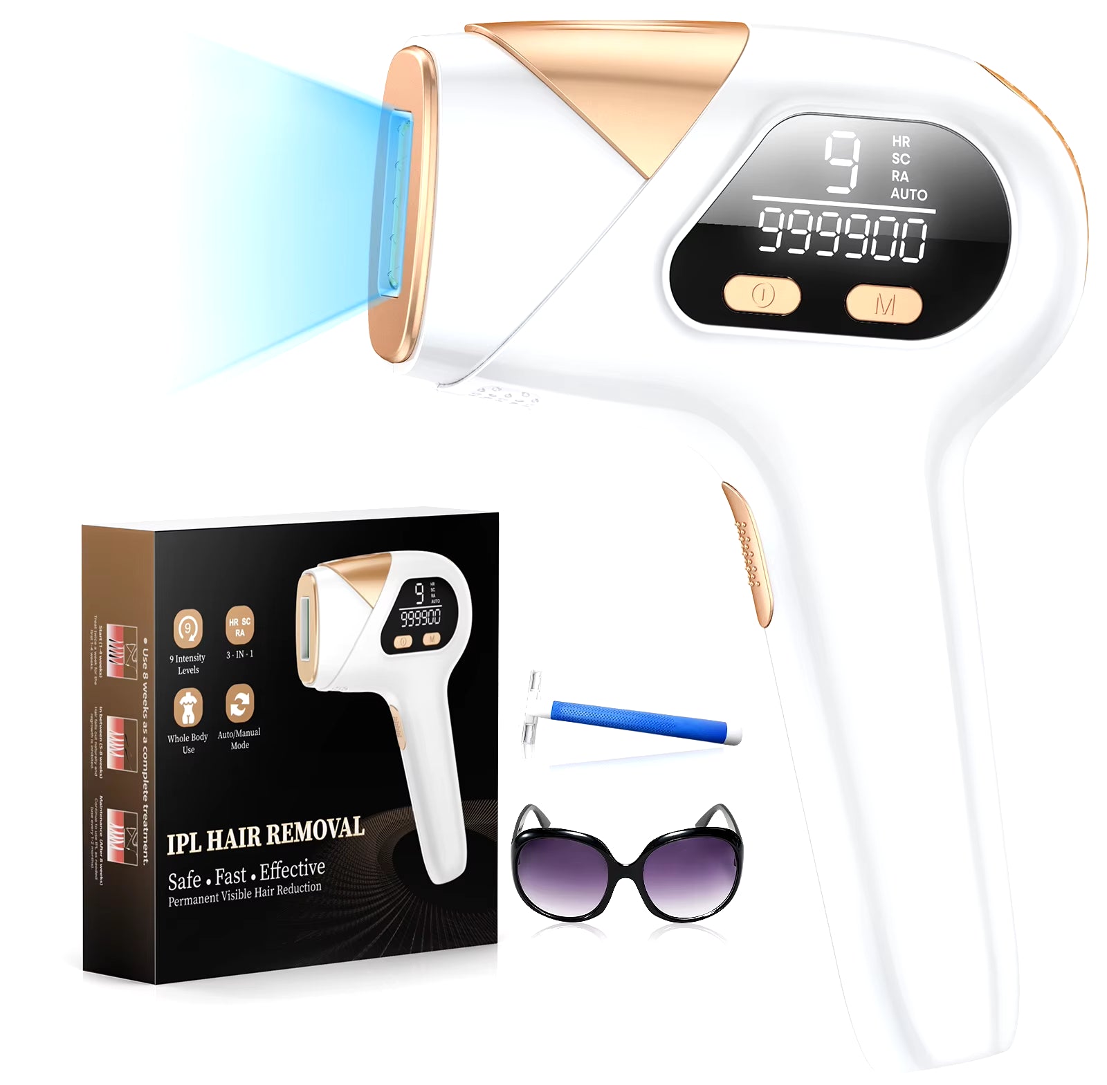 Laser Hair Removal IPL 3-In-1 Effective Hair Removal Device 9 Levels 999,900 Light Pulses Women Men Full Body Treatment Home Use