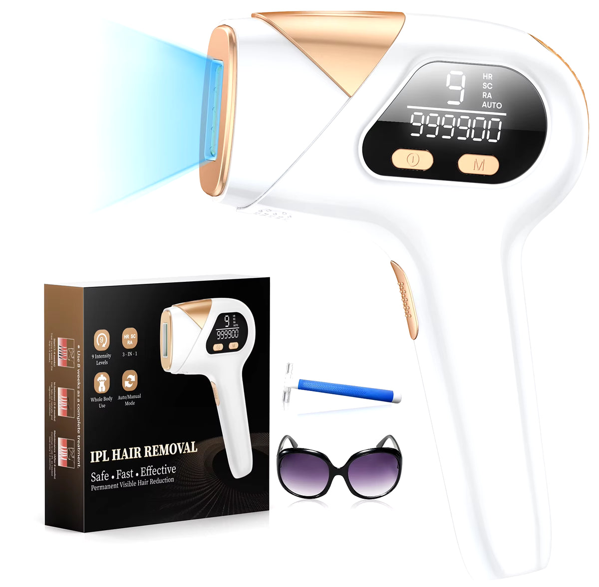 Laser Hair Removal IPL 3-In-1 Effective Hair Removal Device 9 Levels 999,900 Light Pulses Women Men Full Body Treatment Home Use