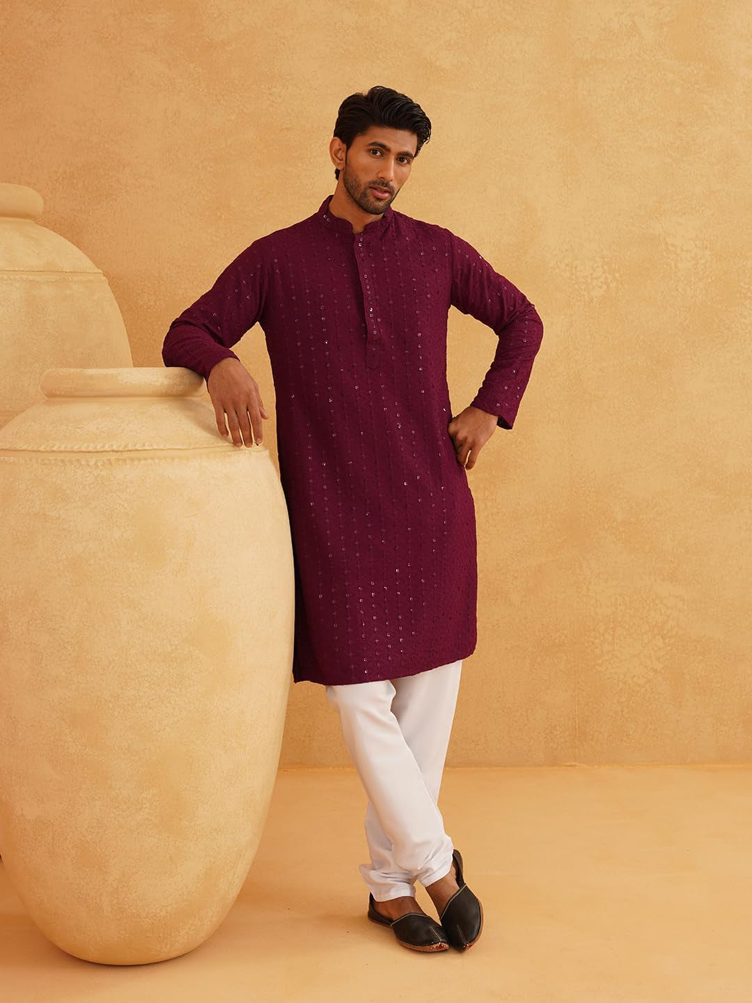 Men'S Pure Cotton Mustard Embroidered Sequined Kurta and White Pyjama Set