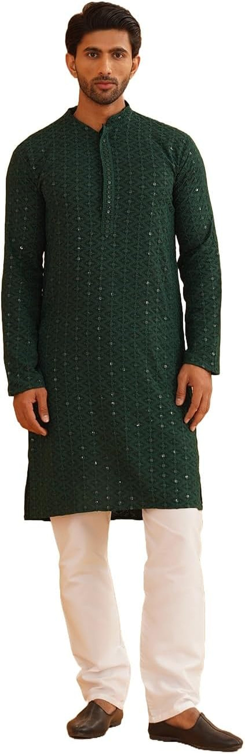 Men'S Pure Cotton Mustard Embroidered Sequined Kurta and White Pyjama Set