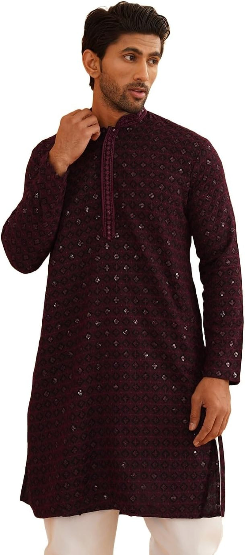 Men'S Cotton Contrast Embroidered Sequinned Long Kurta