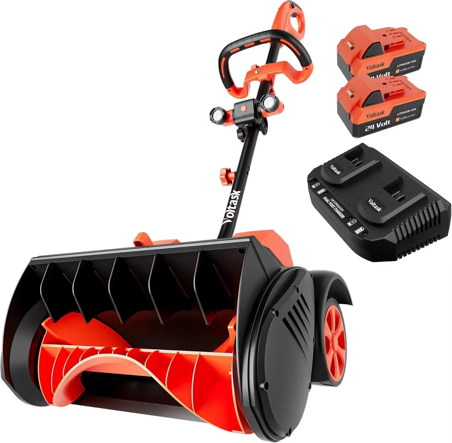 VOLTASK Cordless Snow Shovel with Wheels, 48V | 16-Inch | 4-Ah Brushless Cordless Snow Blower, Battery Snow Blower with Directional Plate & LED Lights (2 * 24V Battery & Dual Quick Charger Included)