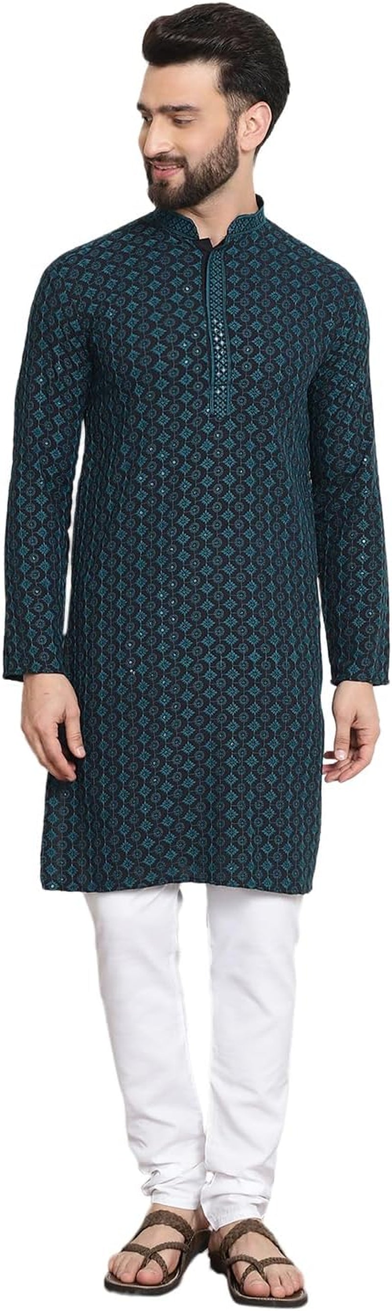 Men'S Cotton Gold Embroidered Sequinned Kurta with White Churidar Pyjama