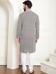 Men'S Cotton Gold Embroidered Sequinned Kurta with White Churidar Pyjama