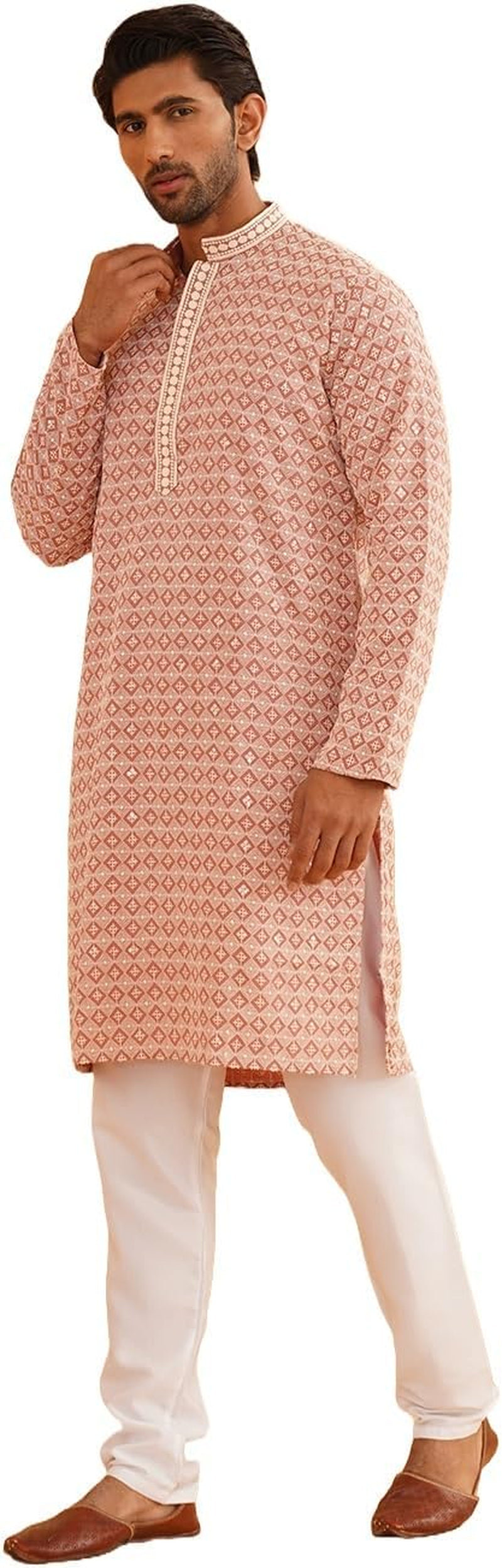 Men'S Cotton Gold Embroidered Sequinned Kurta with White Churidar Pyjama