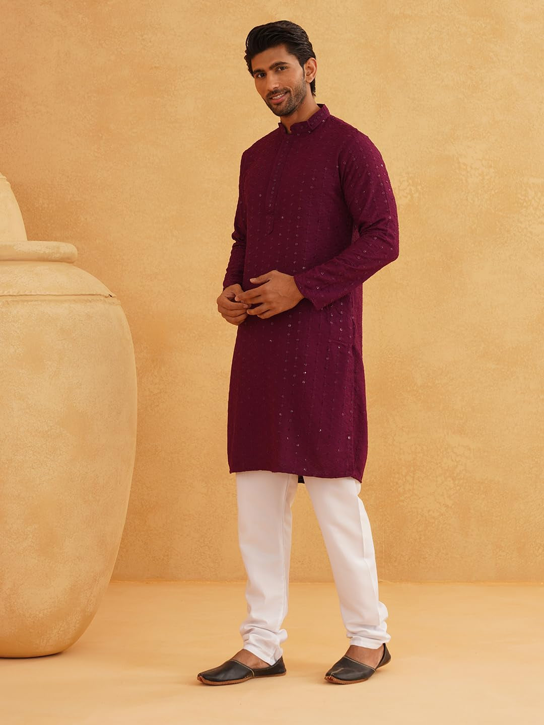 Men'S Pure Cotton Mustard Embroidered Sequined Kurta and White Pyjama Set
