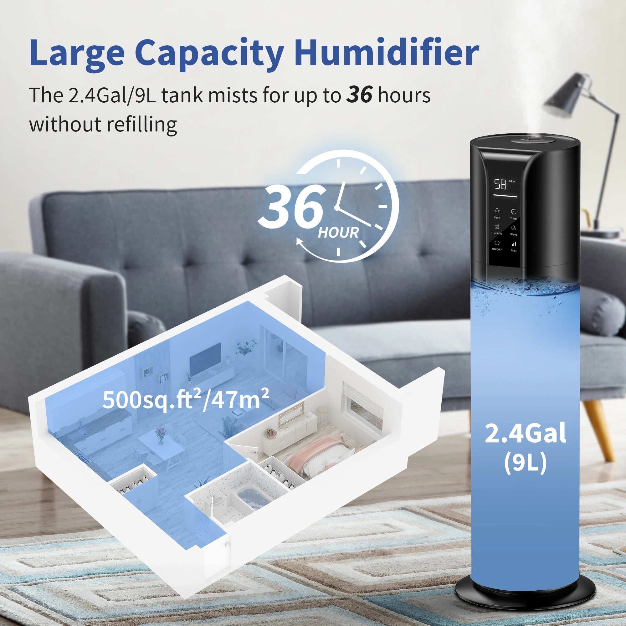 Sejoy 9L Cool Mist Humidifier with Remote & Essential Oil Diffuser