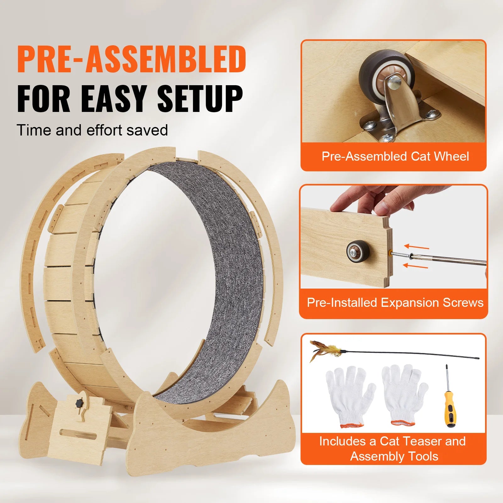 Cat Exercise Wheel Natural Wood Silent Running Toy Treadmill Roller Wheel with Detachable Carpet for Most Cats Pet Fitness