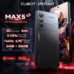 CUBOT MAX 5 5G Cell Phone Unlocked, 24GB+256GB Android 14 Phone, 6.95" FHD+ 144Hz Display, 100MP+32MP Camera, MediaTek 8200 4nm Processor Gaming Phones, 5100mAh Battery(33W) Smartphone, Dual SIM/NFC