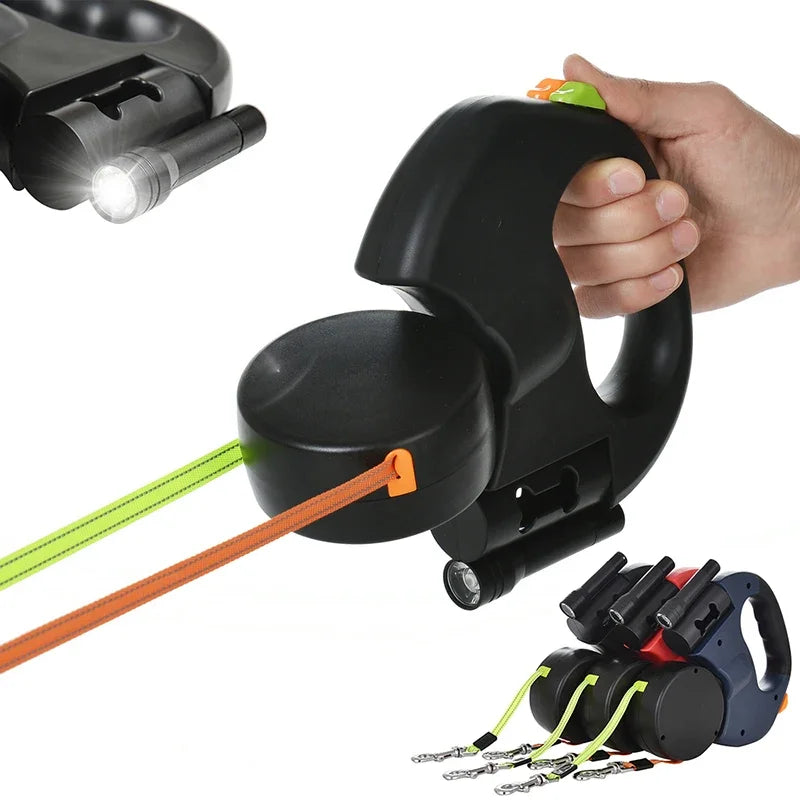 Two Dog Reflective Retractable Pet Leash – 360 Degree Zero Tangle Patent - Two Dogs Each up to 50 lbs and 10ft. Reflective Orange and Green Leads. Dual Locking