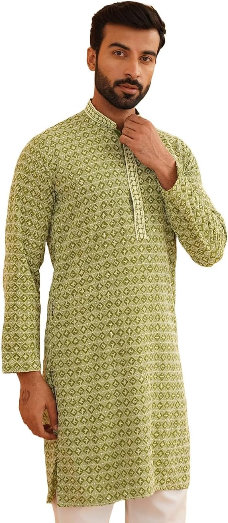 Men'S Cotton Contrast Embroidered Sequinned Long Kurta