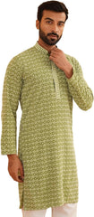 Men'S Cotton Contrast Embroidered Sequinned Long Kurta