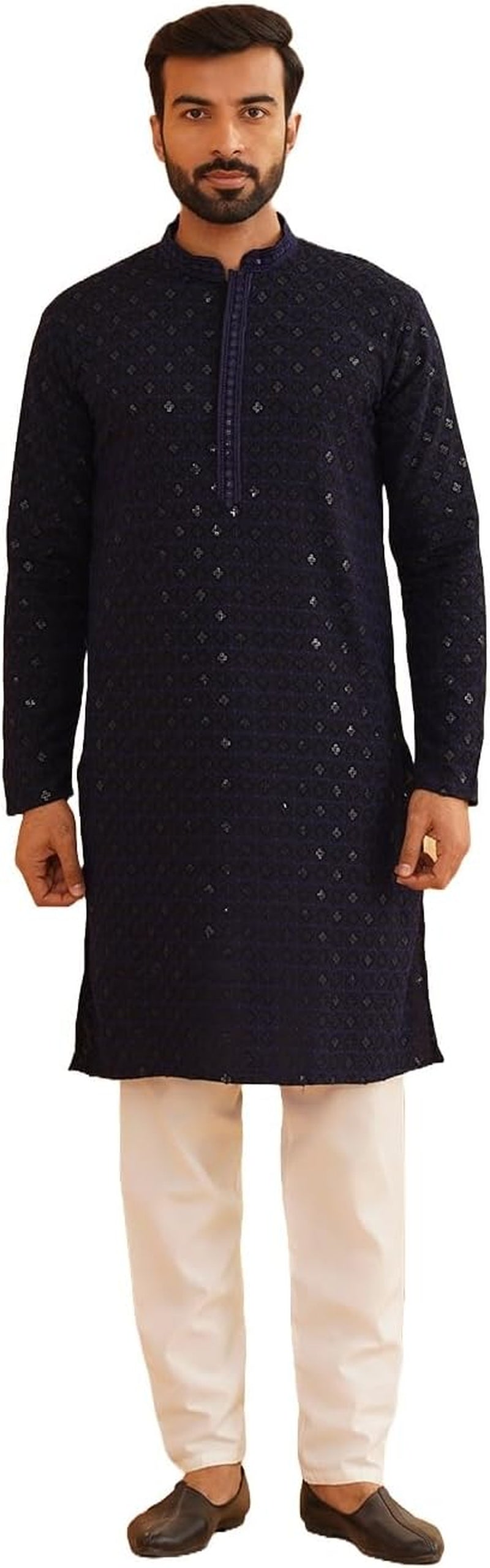Men'S Cotton Gold Embroidered Sequinned Kurta with White Churidar Pyjama