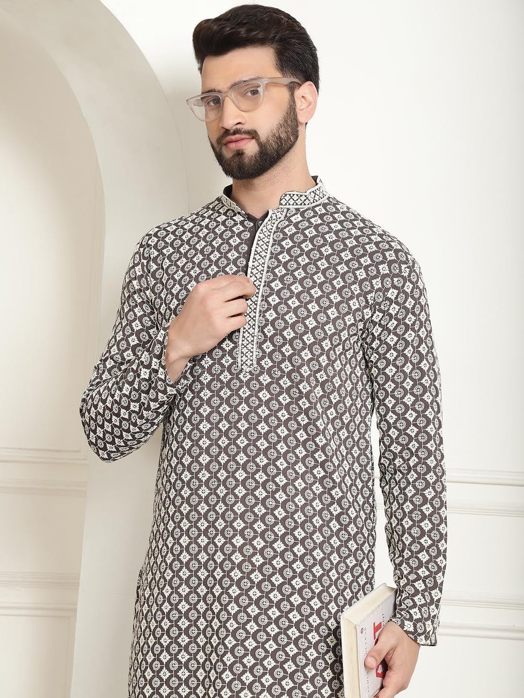 Men'S Cotton Gold Embroidered Sequinned Kurta with White Churidar Pyjama