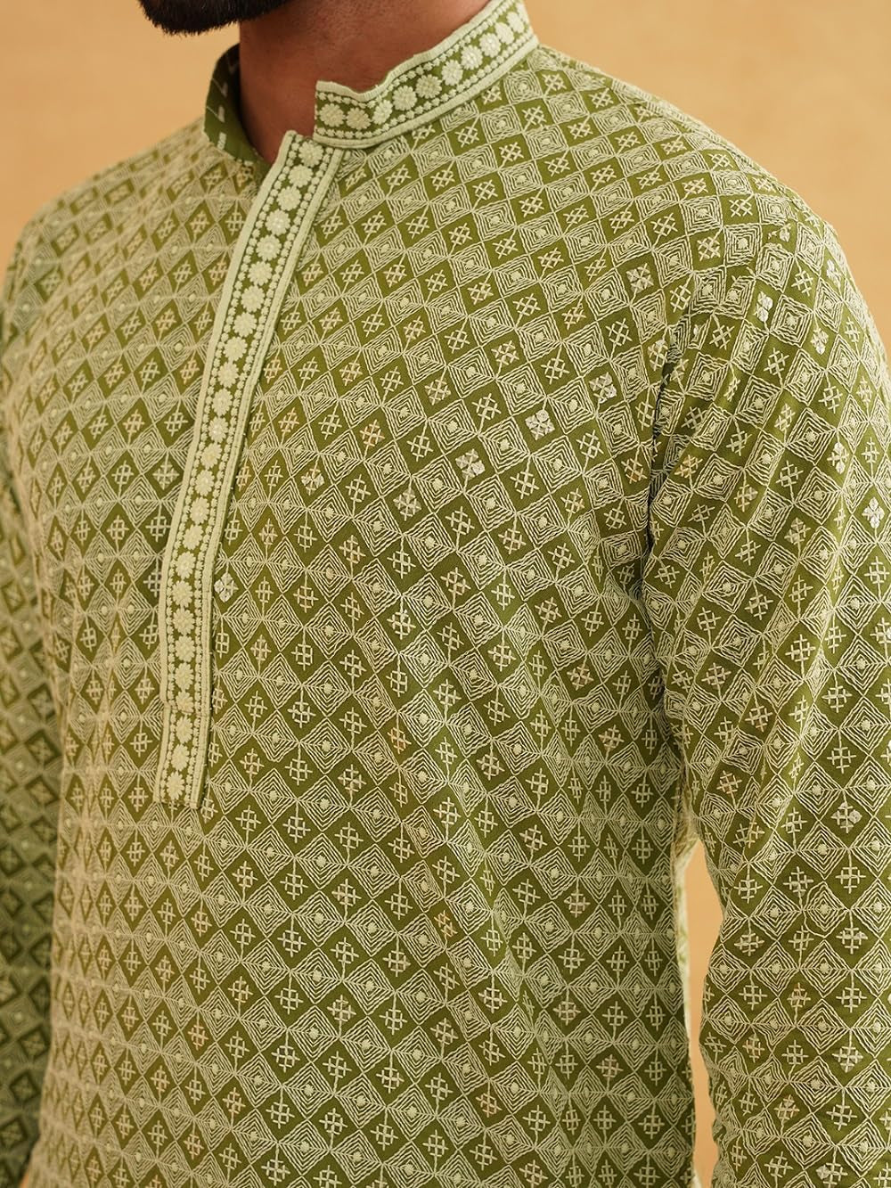 Men'S Cotton Contrast Embroidered Sequinned Long Kurta