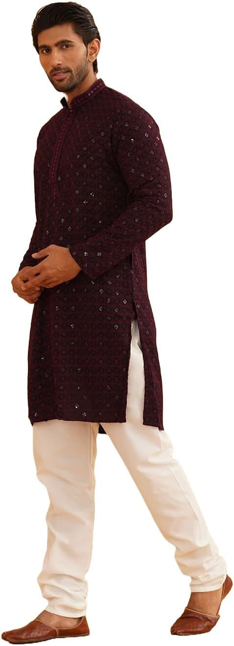 Men'S Cotton Gold Embroidered Sequinned Kurta with White Churidar Pyjama