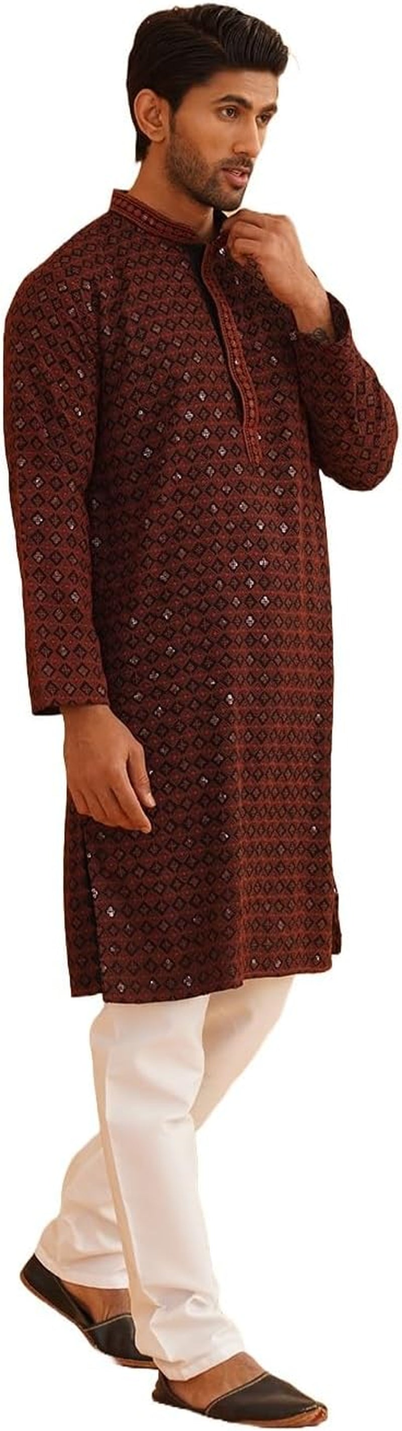 Men'S Cotton Gold Embroidered Sequinned Kurta with White Churidar Pyjama