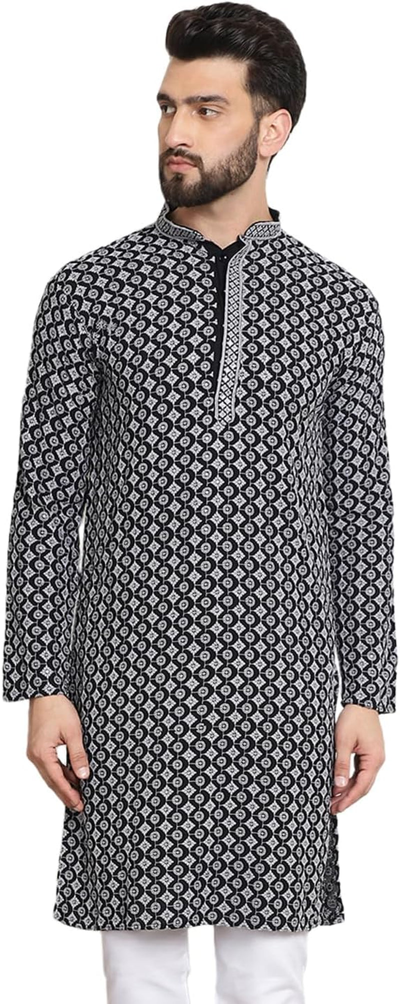 Men'S Cotton Contrast Embroidered Sequinned Long Kurta