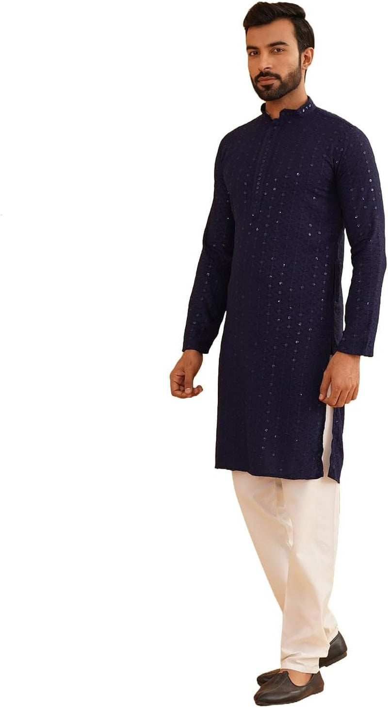 Men'S Pure Cotton Mustard Embroidered Sequined Kurta and White Pyjama Set