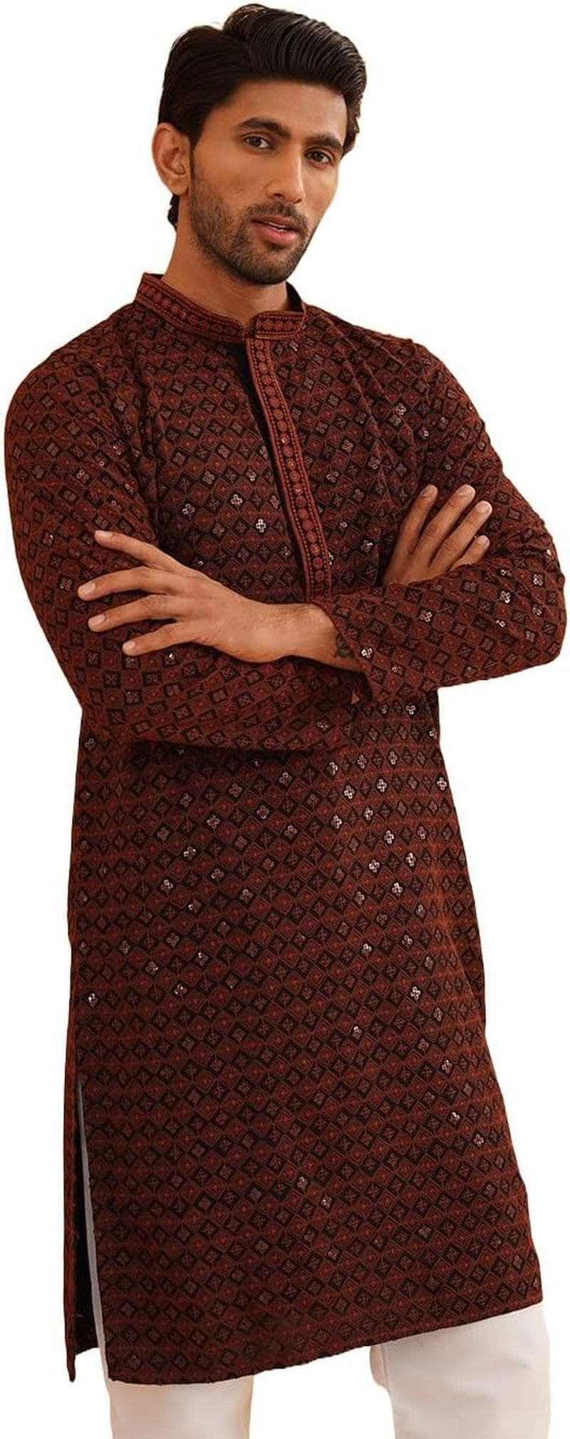 Men'S Cotton Contrast Embroidered Sequinned Long Kurta