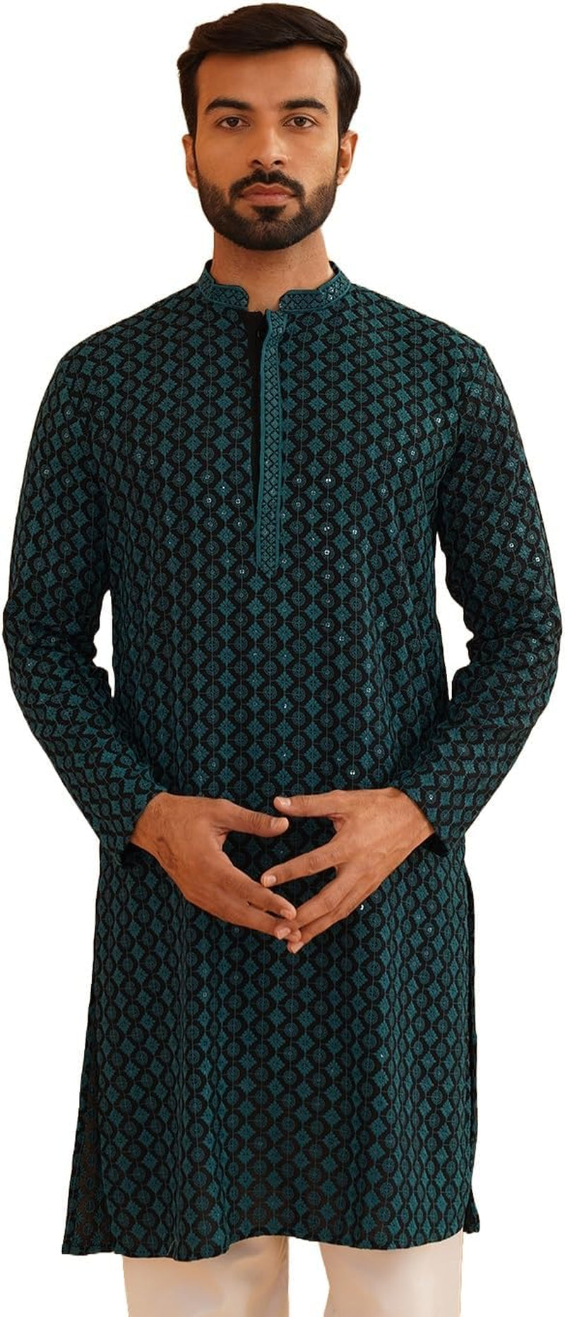 Men'S Cotton Contrast Embroidered Sequinned Long Kurta